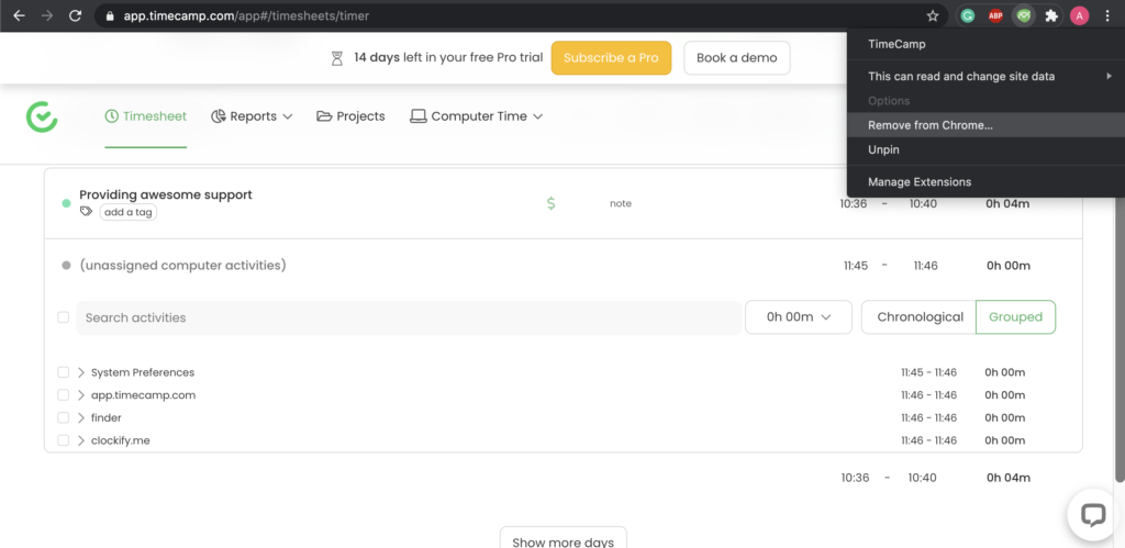 TimeCamp-Plugin-Optionen in Google Chrome