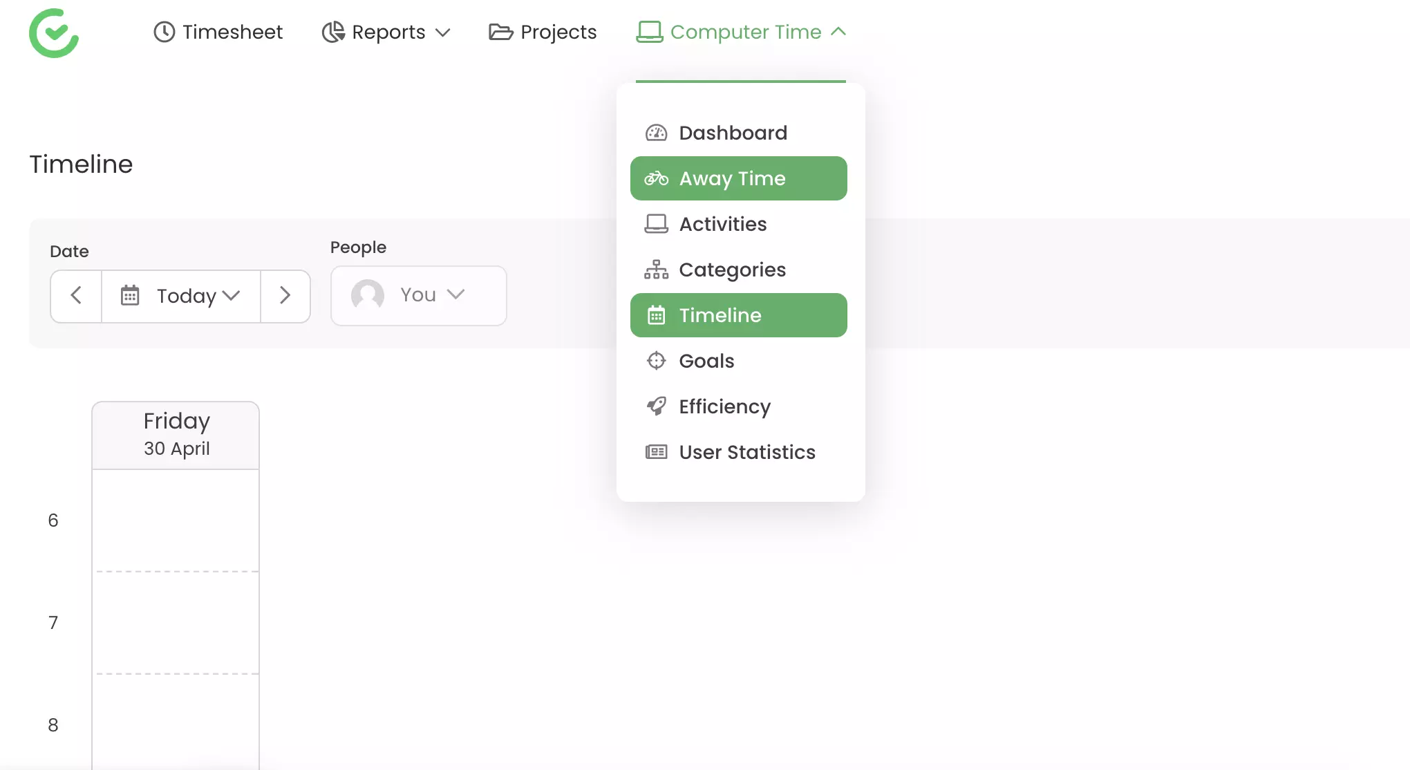Verfolgungsfunktionen wie Abwesenheitszeit und Timeline in TimeCamp sichtbar