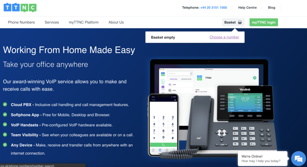 TTNC-Website mit Warenkorb und Option zum Auswählen einer Nummer in der oberen rechten Ecke