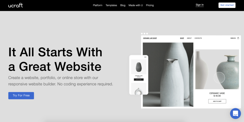 Ucraft-Homepage mit Get Started-Schaltfläche in der oberen rechten Ecke
