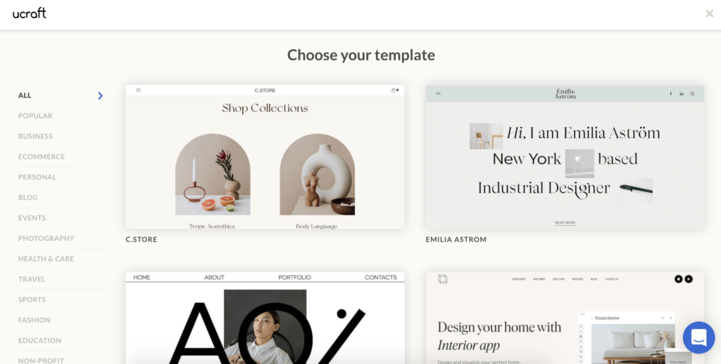Ucraft-Vorlagenauswahlbildschirm mit mehreren Vorlagenoptionen
