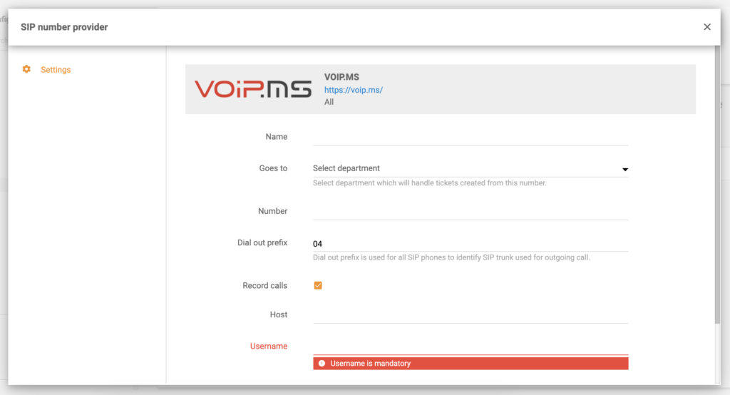 VoIP.ms-Konfiguration in LiveAgent-Anrufeinstellungen