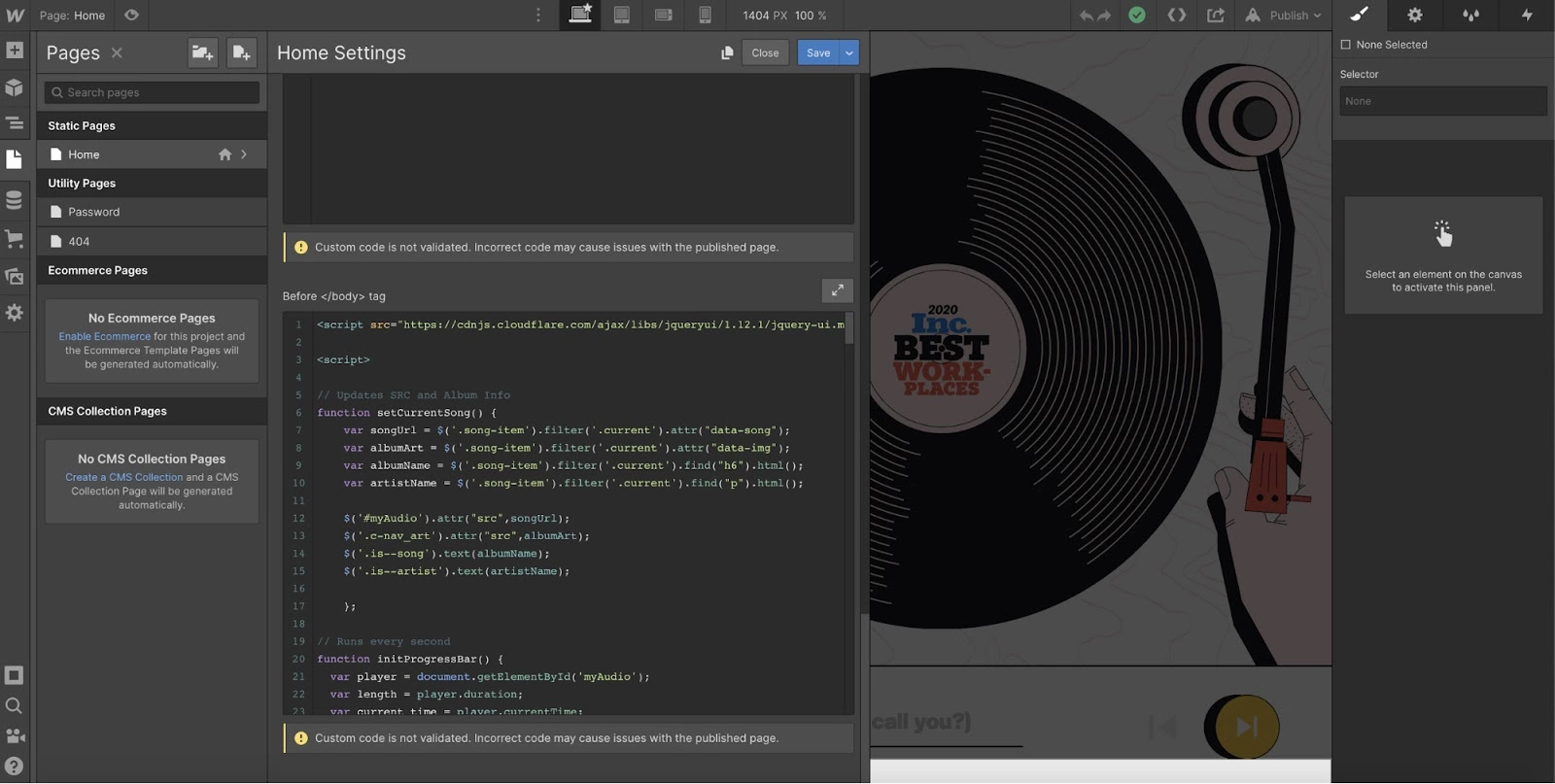 Webflow-Option für benutzerdefinierten Code im LiveAgent-Integrationsprozess
