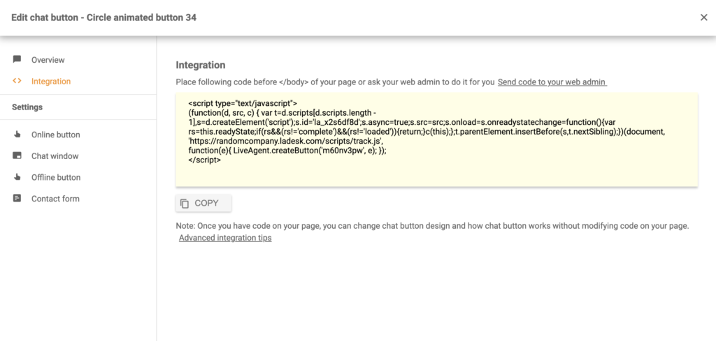 Chat-Button-Code nach erfolgreicher Konfiguration in LiveAgent