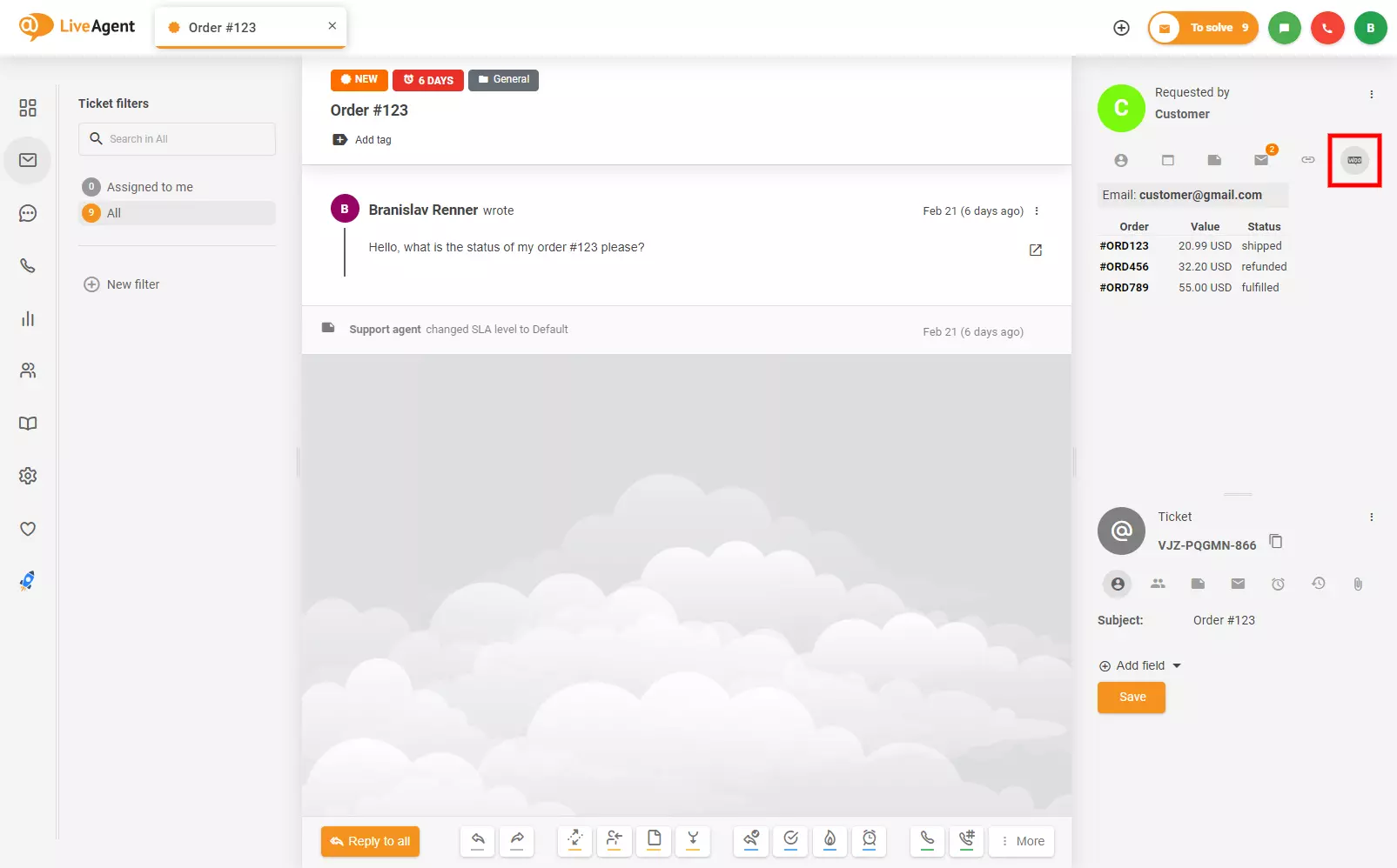 Wo die WooCommerce-Integration im LiveAgent-Ticket zu finden ist