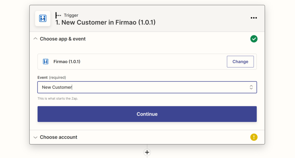 Auswahl eines Firmao-Ereignisses während der Integrationskonfiguration auf Zapier