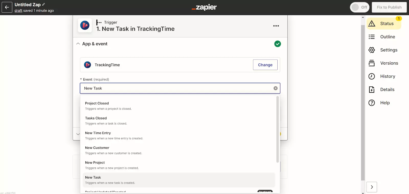 Zapier - neue Aufgabe in TrackingTime