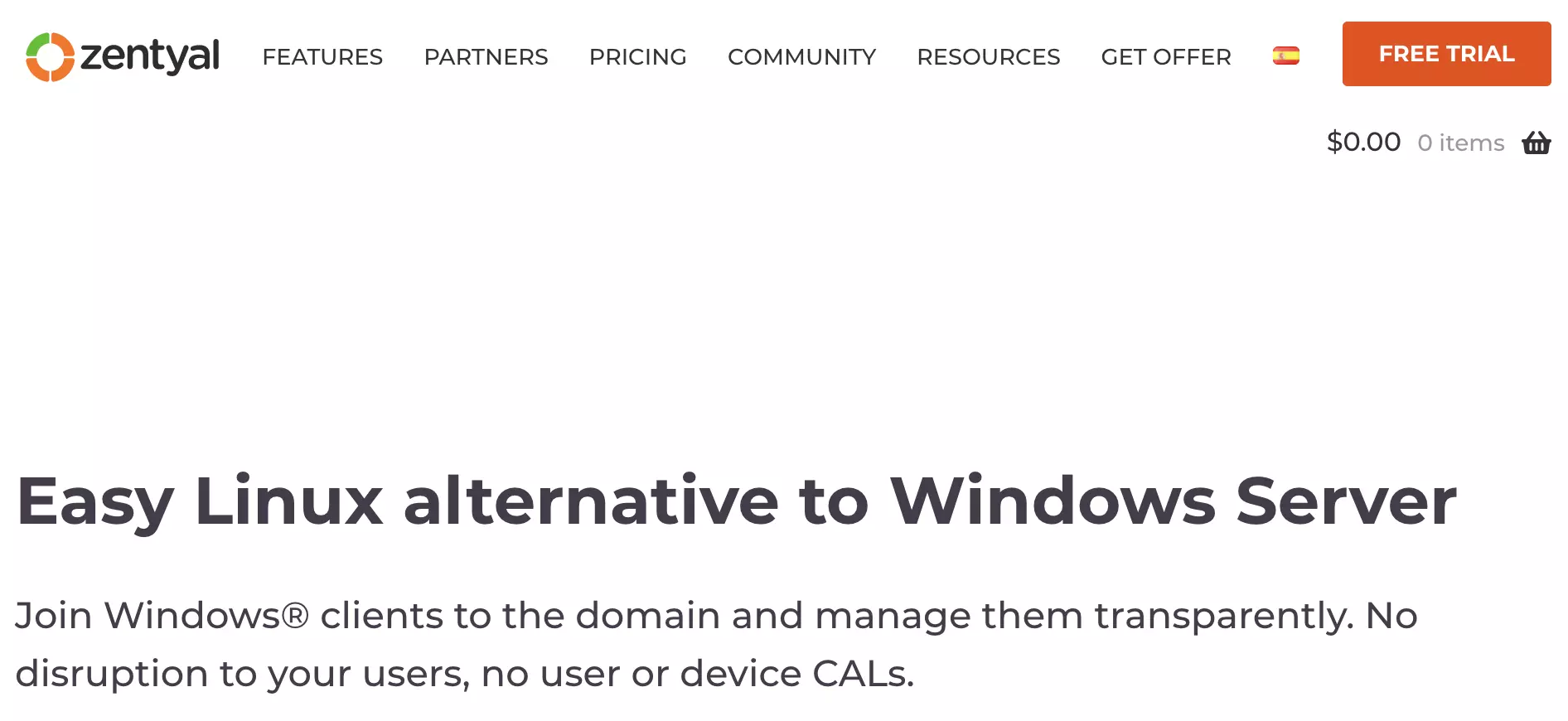 Zentyal-Homepage mit Unterseiten und Informationen