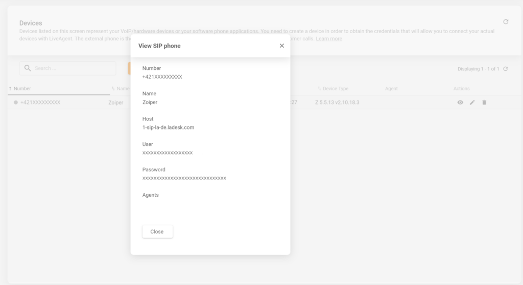 Ein Bild, das zeigt, wo Sie SIP-Gerätedetails in LiveAgent finden