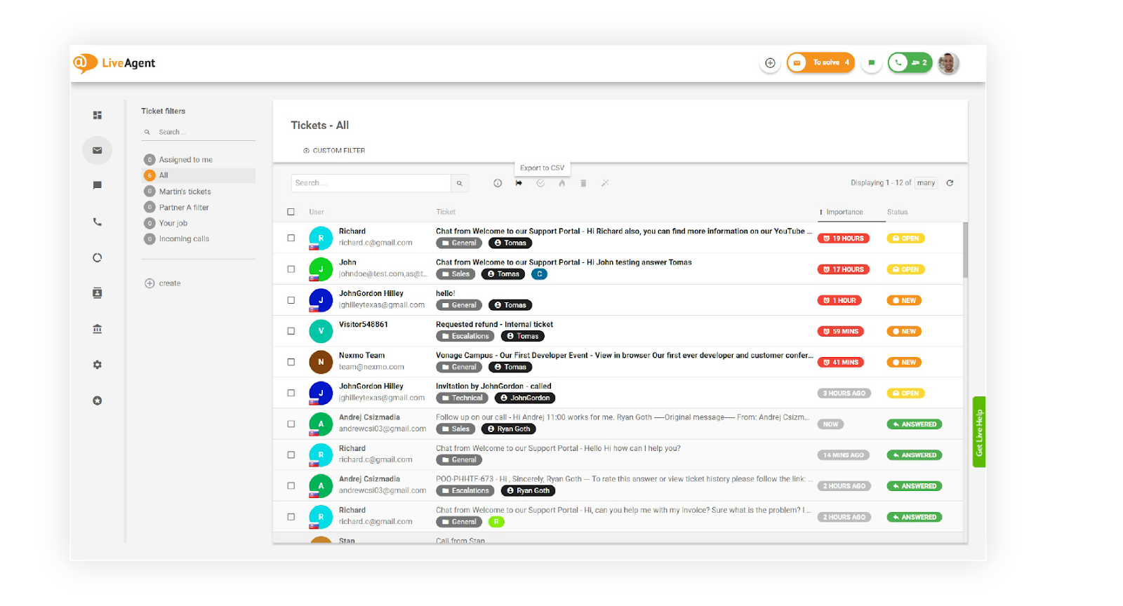 LiveAgent's Universal Inbox feature, compounding all customer requests into one convenient inbox