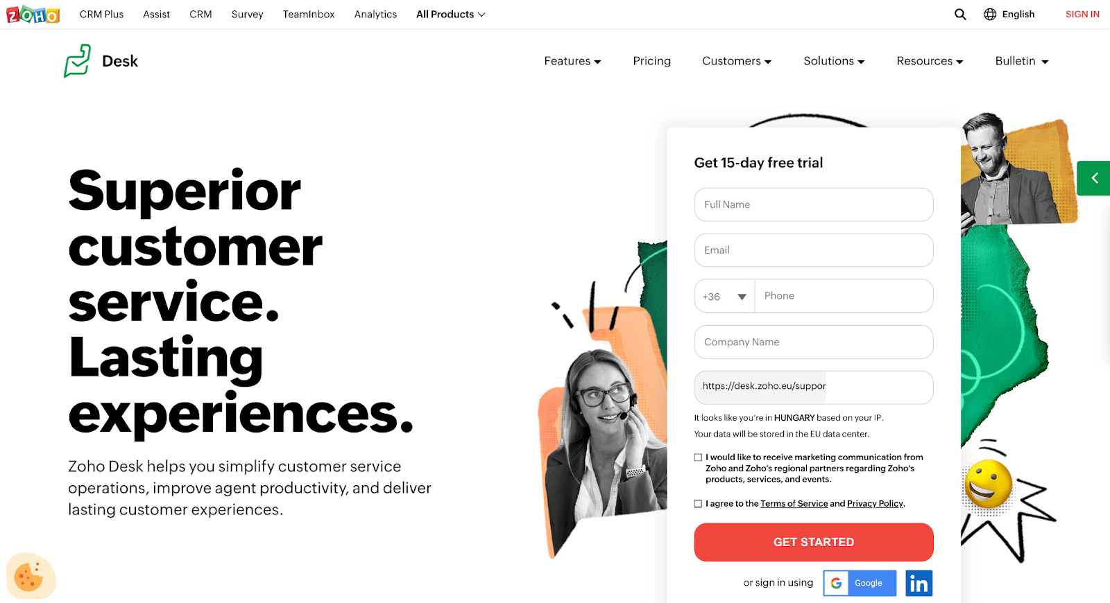 Layout der Zoho Desk-Homepage mit Funktionsübersicht