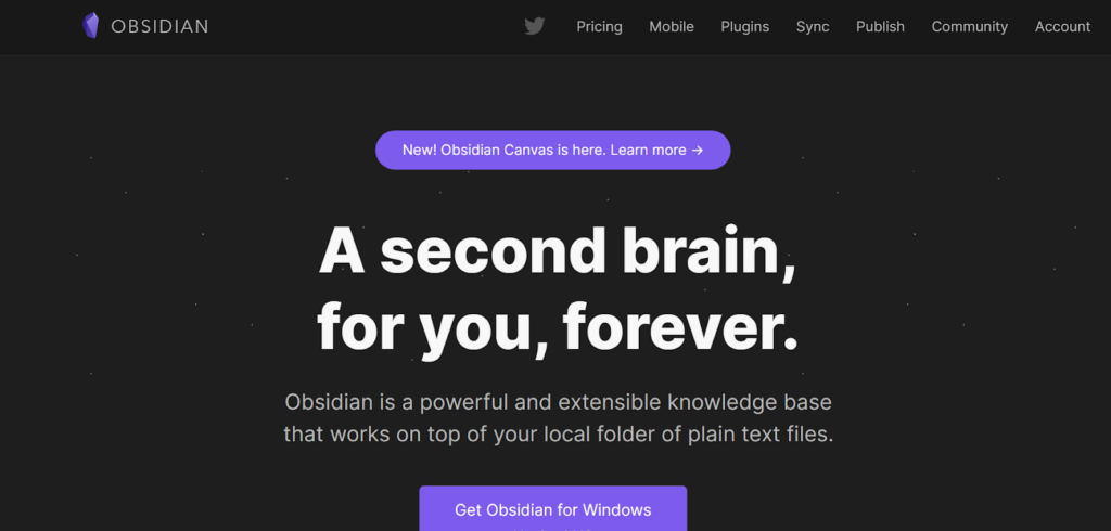Visuelle Darstellung der Obsidian Software-Homepage