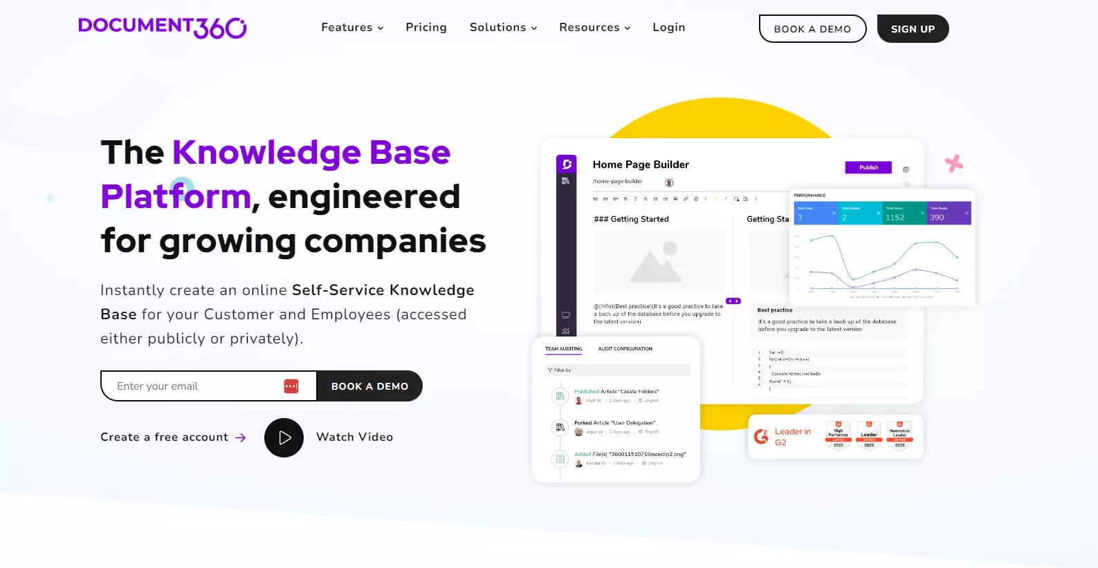 Screenshot der Document360-Homepage mit Fokus auf Hauptfunktionen