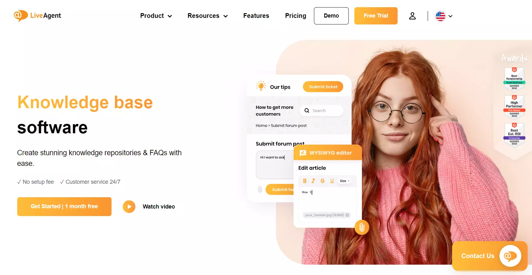 LiveAgents ansprechende Homepage, die das Wissensdatenbank-Tool hervorhebt