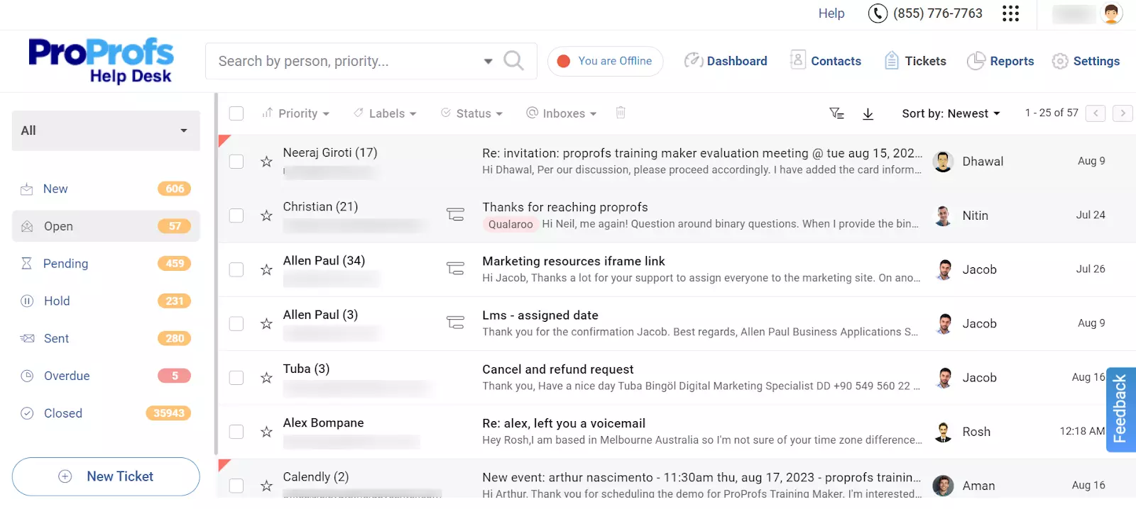 ProProfs Help Desk offene Tickets-Übersicht