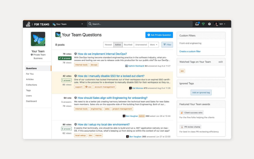 Beispiel eines Wissensdatenbank-Tools von Stack Overflow for Teams