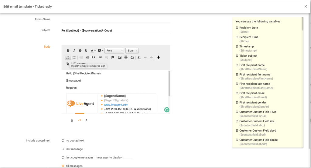 Email template customization in LiveAgent