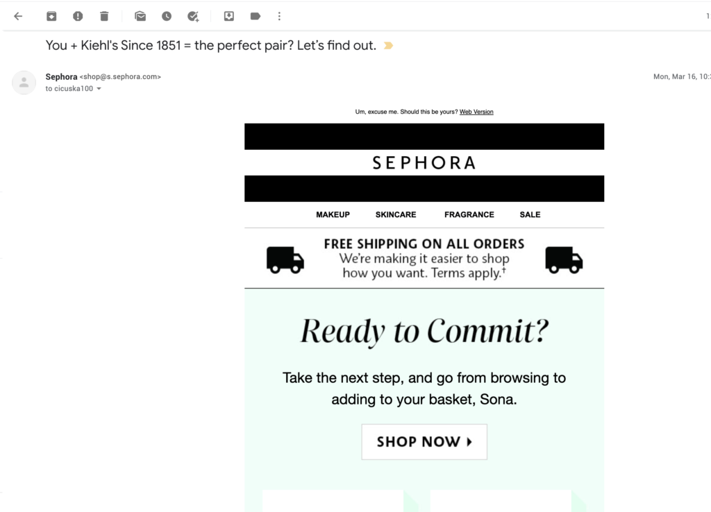 Beispiel einer Warenkorb-Erinnerungs-E-Mail von Sephora