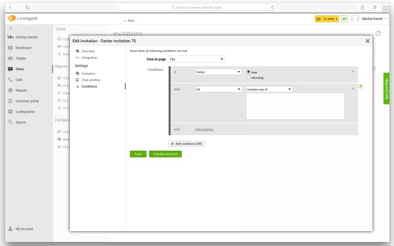 LiveAgent-Einstellungen, die zeigen, wie man proaktive Chat-Trigger einrichtet