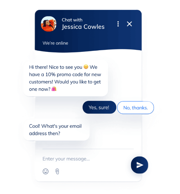Live-Chat-Schnittstelle mit Angebot eines Promo-Codes und Anfrage der E-Mail-Adresse des Benutzers