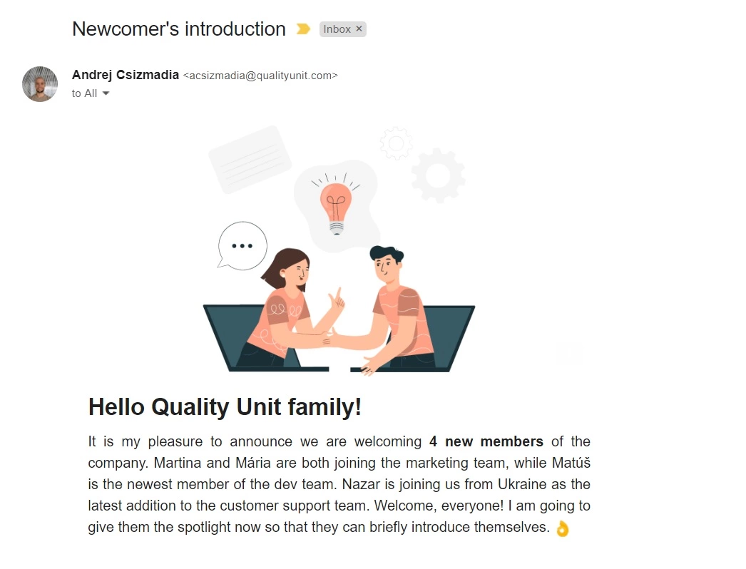 Quality Unit Willkommens-E-Mail für neue Mitarbeiter:innen