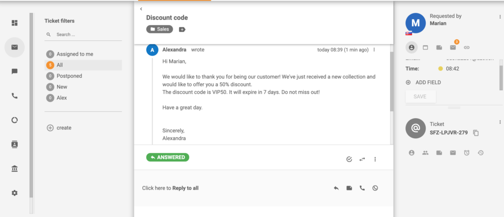 Ticket-Beispiel Rabattcode-Angebot