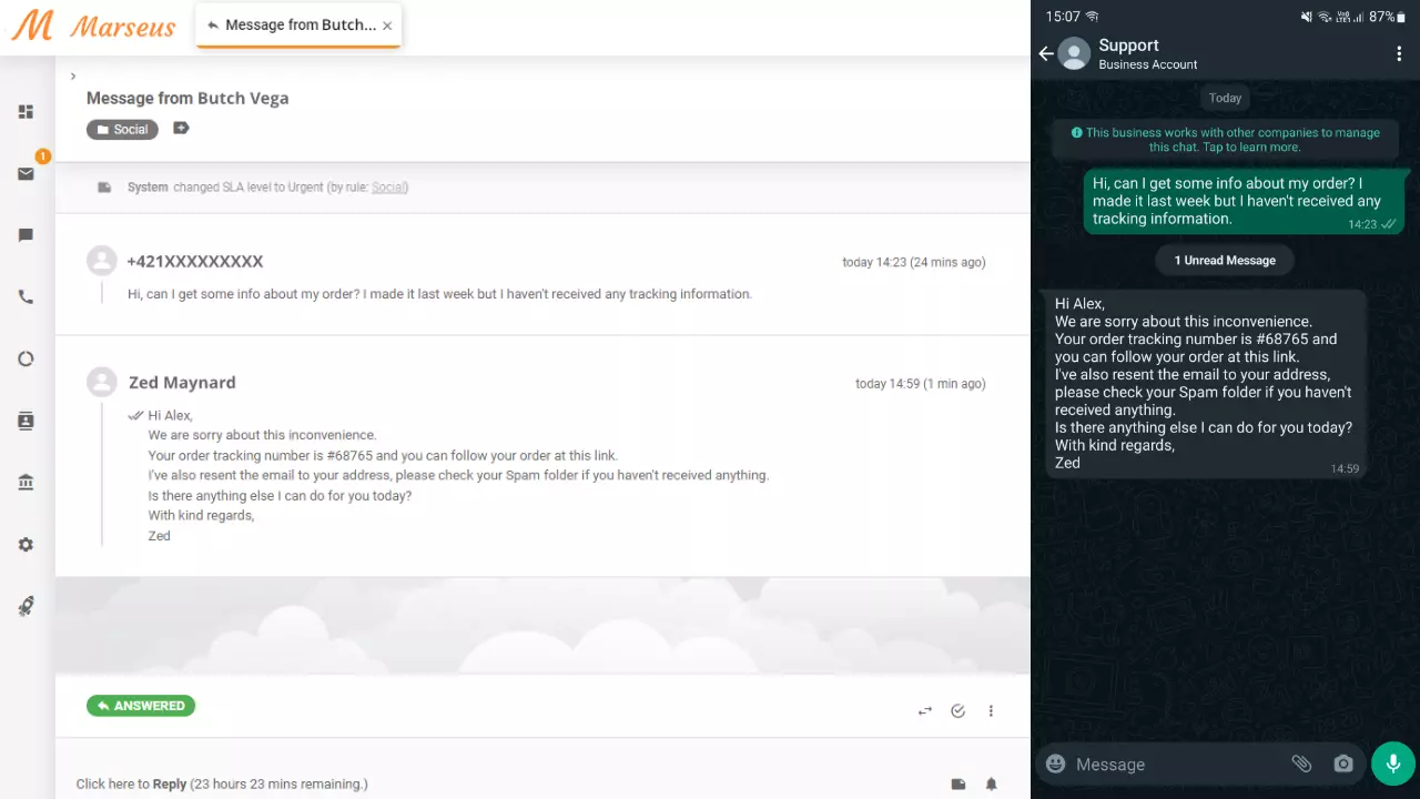 WhatsApp-Nachricht als Ticket in LiveAgent angezeigt