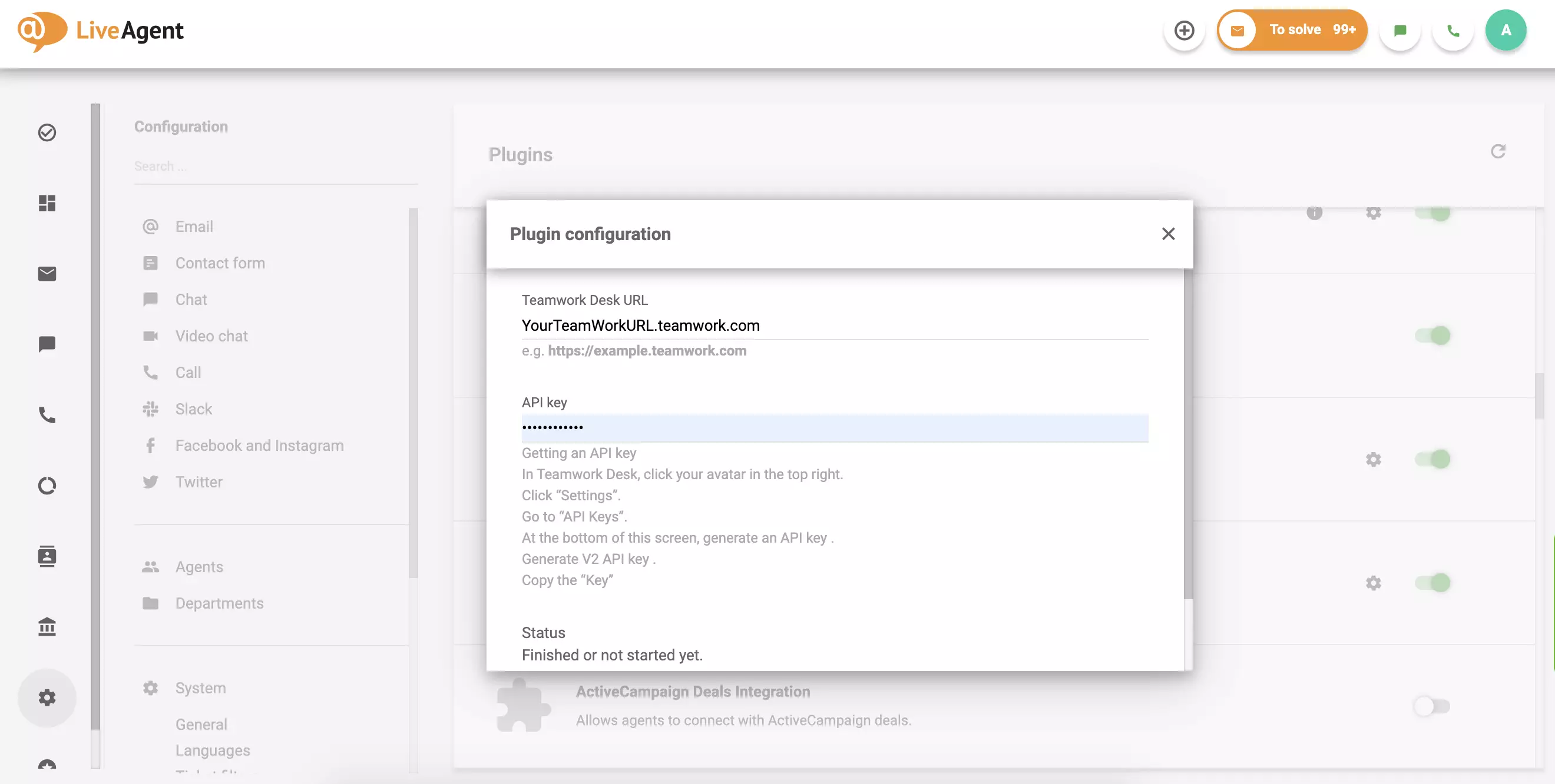 Füllen Sie Ihre Teamwork Desk-URL und API aus und klicken Sie auf Speichern.