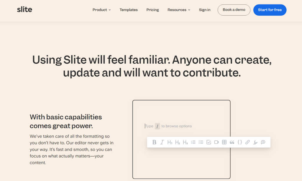 Slite Wissensdatenbank-Homepage