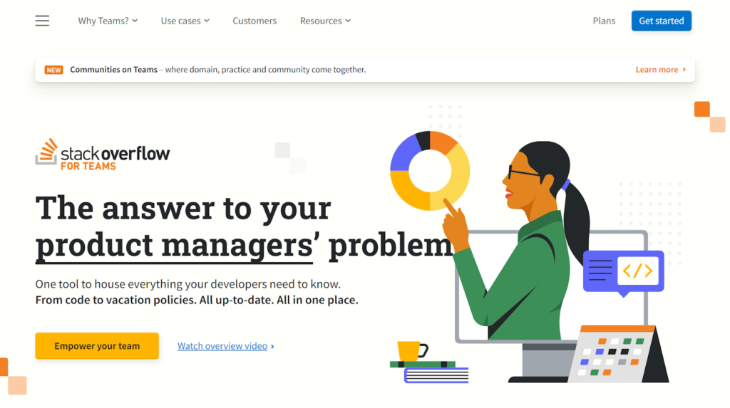 Homepage von Stack Overflow for Teams Software, ideal für Wissensdatenbank-Systeme